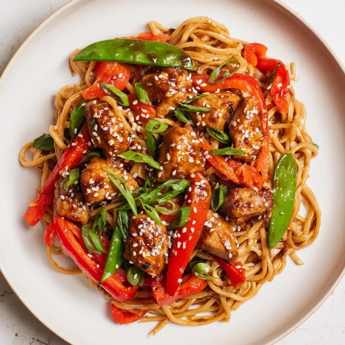Steaming Sesame Hoisin Ground Chicken Pasta, a delicious bowl of stir-fried noodles with crisp veggies.