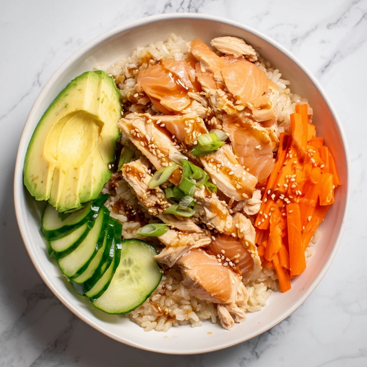 Japanese-Style Salmon & Chicken Rice Bowl with flaked salmon, tender chicken, and vibrant, fresh veggies.