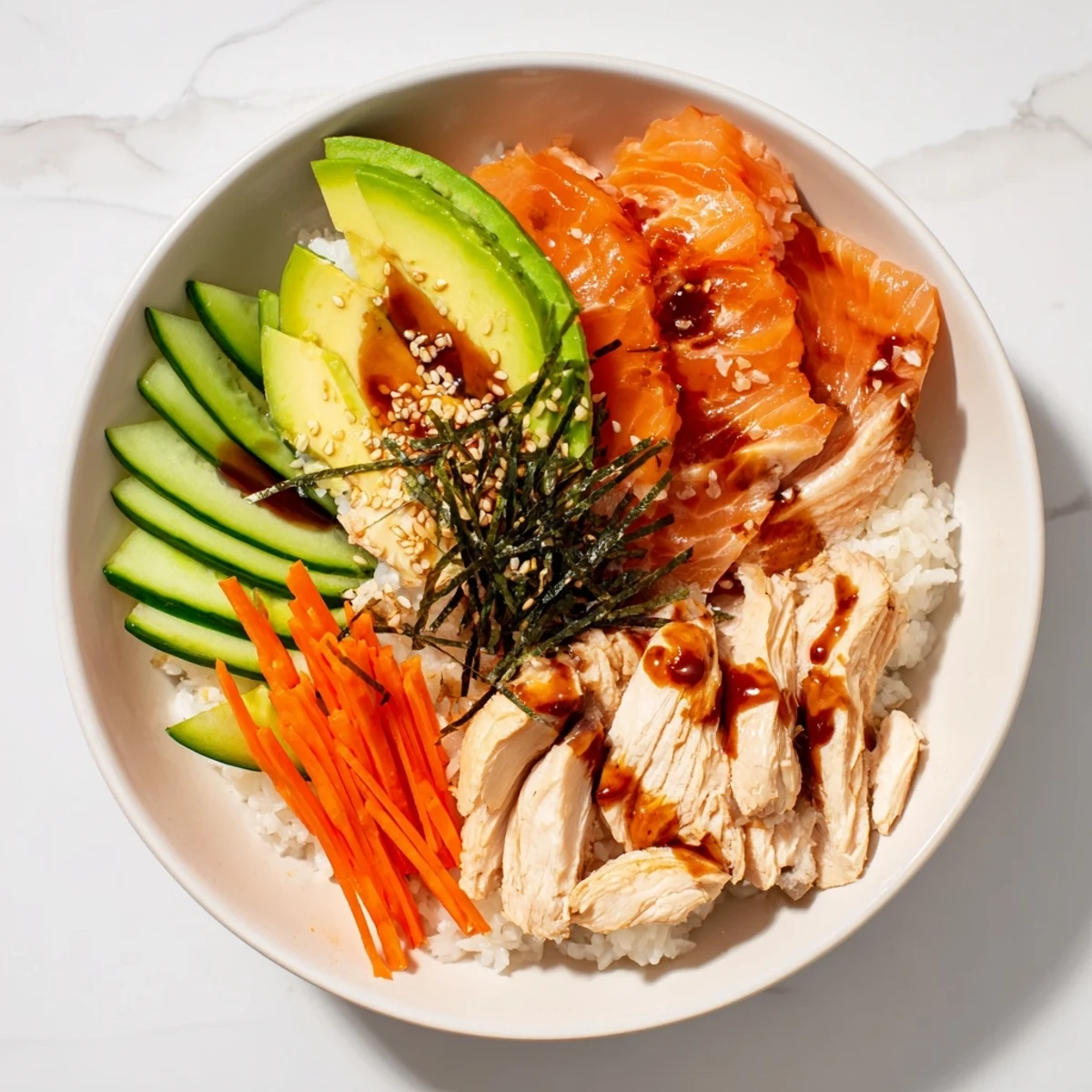 Close-up of a Japanese-Style Salmon & Chicken Rice Bowl, showcasing the perfectly cooked salmon and rice.