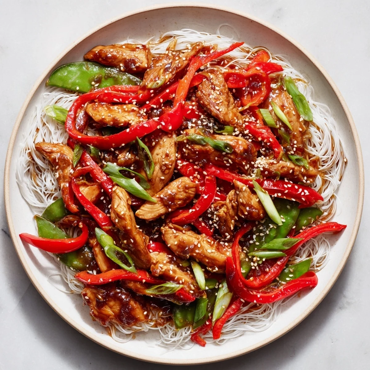A close-up of a steaming bowl of Mongolian chicken, offering a tasty fusion meal experience with noodles.