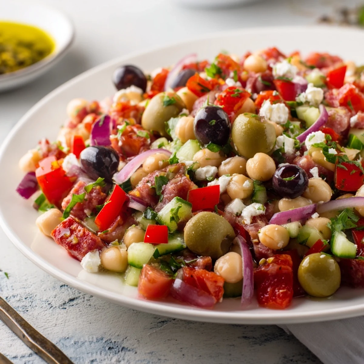 A colorful Mediterranean Dense Bean Salad with salami, a flavorful and hearty meal.