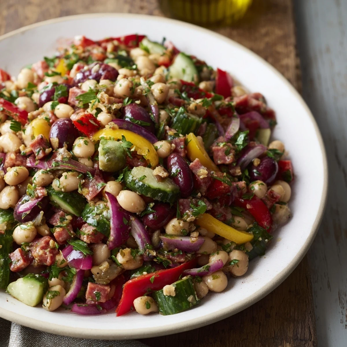 This delicious Mediterranean Dense Bean Salad with salami is perfect for a light lunch.