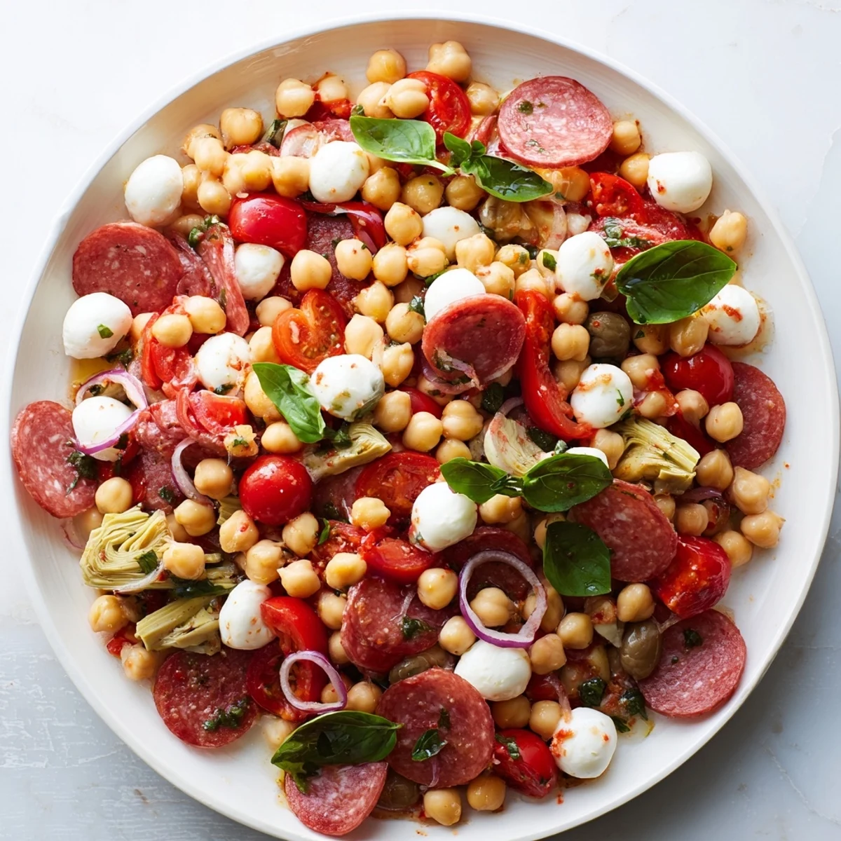 Vibrant Antipasto Chickpea Salad with creamy mozzarella, pepperoni, and a zesty Italian vinaigrette, a delicious meal.