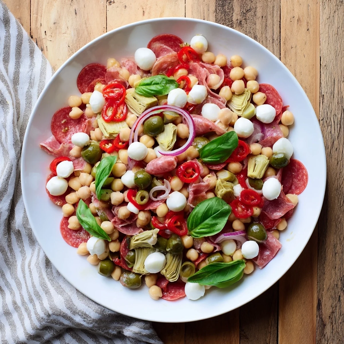 Freshly tossed Antipasto Chickpea Salad with basil, tomatoes, and olives; perfect for a light lunch or appetizer.
