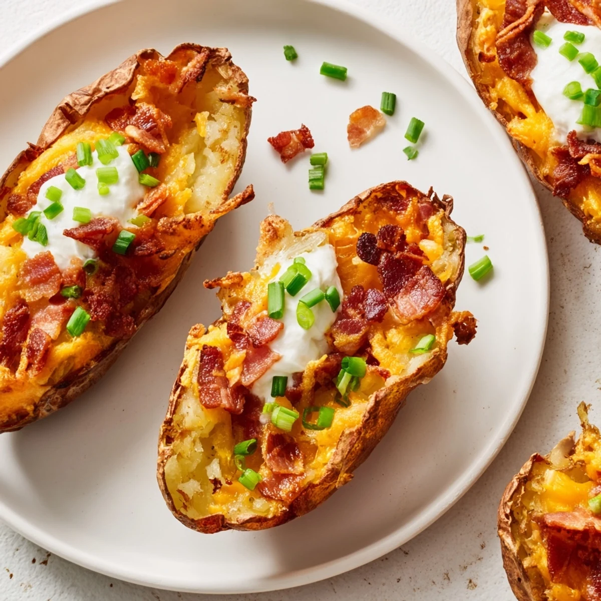 A plate of loaded baked potato skins, a delicious and easy dish with crispy potato shells.