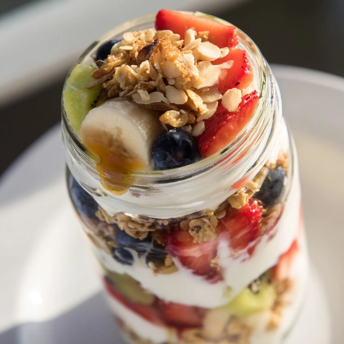 This Layered Yogurt Fruit Parfait showcases creamy yogurt layers bursting with colorful fruit and golden granola.