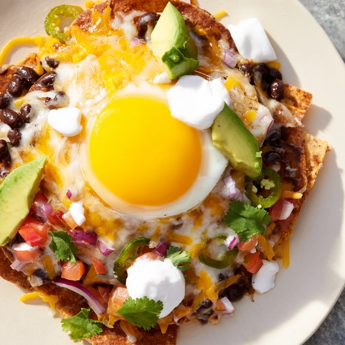 Melted cheese flows over crispy tortilla chips supporting the flavorful Egg-Topped Breakfast Nachos.