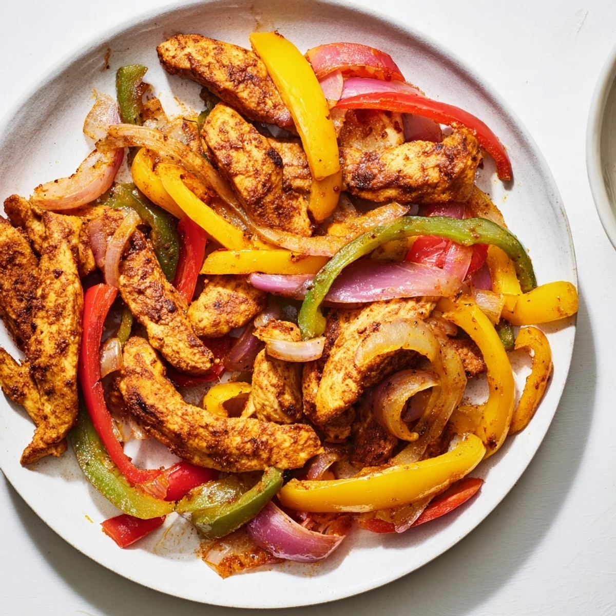 Homemade Sheet-Pan Chicken Fajitas, ready to eat, are surrounded by fresh cilantro and lime wedges.