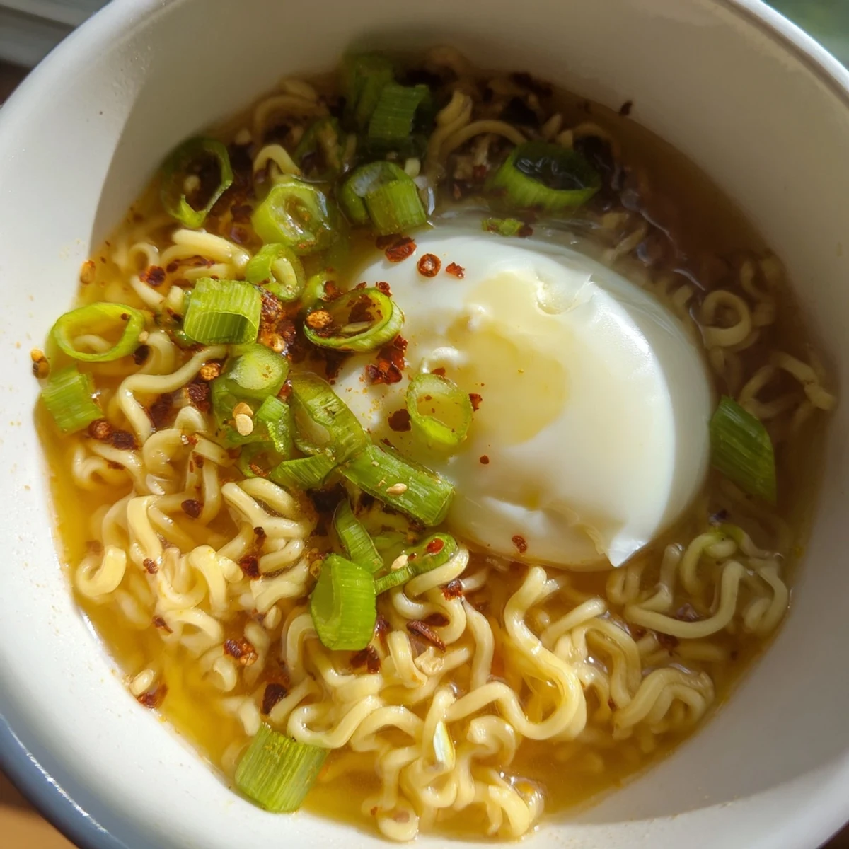 Golden yolk spills from a soft egg in this easy recipe for Upgrade Instant Ramen with Egg, ready in minutes.
