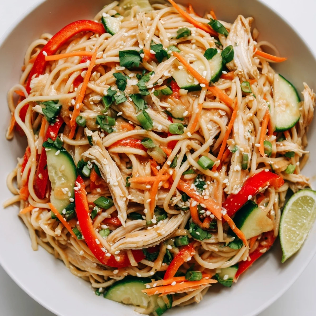 Vibrant Chilled Chicken Noodle Salad, showcasing tender chicken amidst colorful vegetables and noodles.