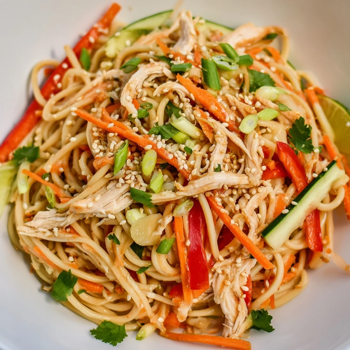 Savory sesame dressing coats the ingredients in this flavorful Chilled Chicken Noodle Salad recipe.