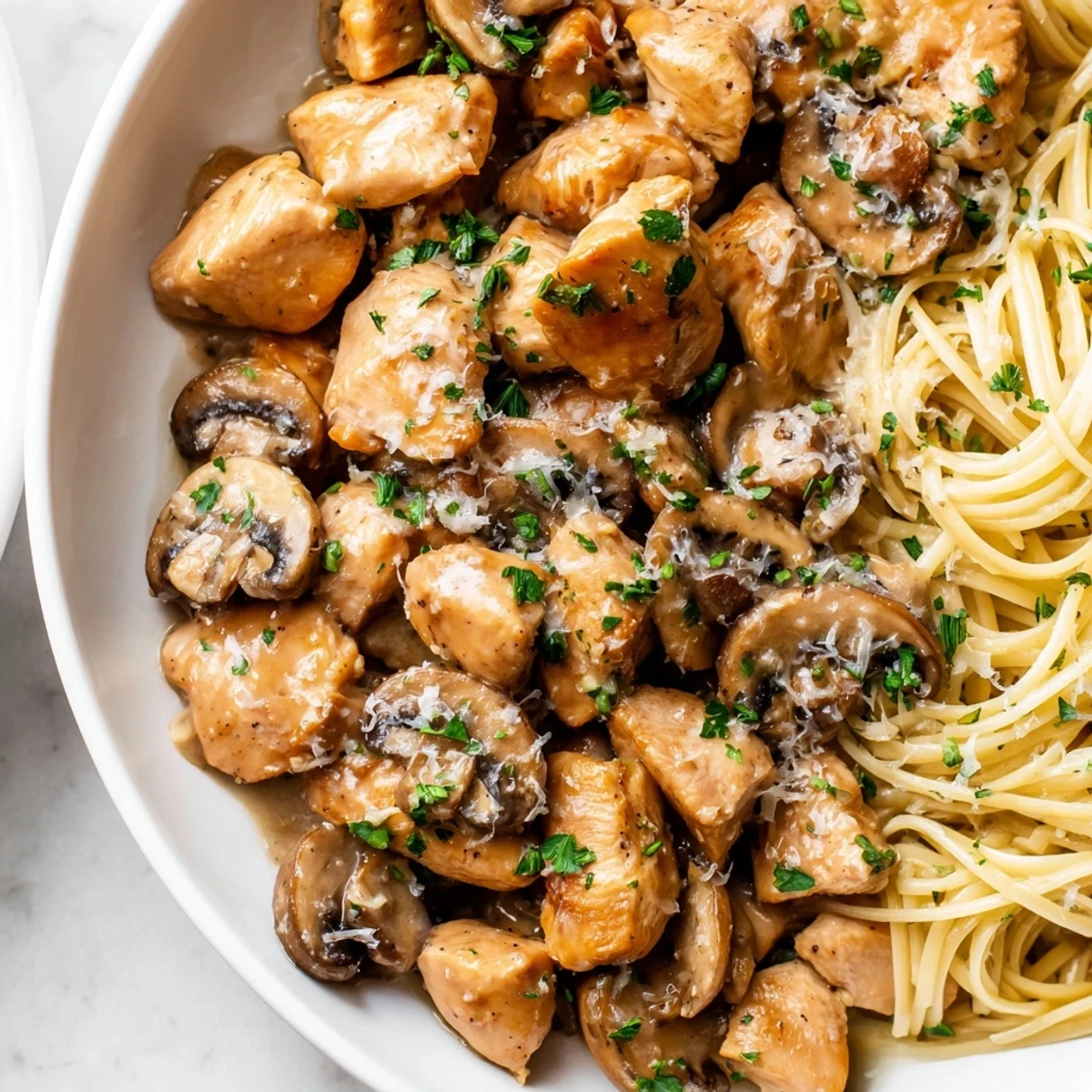 Savor the aroma of this Creamy Mushroom Chicken Pasta as you picture the delicious, creamy sauce.