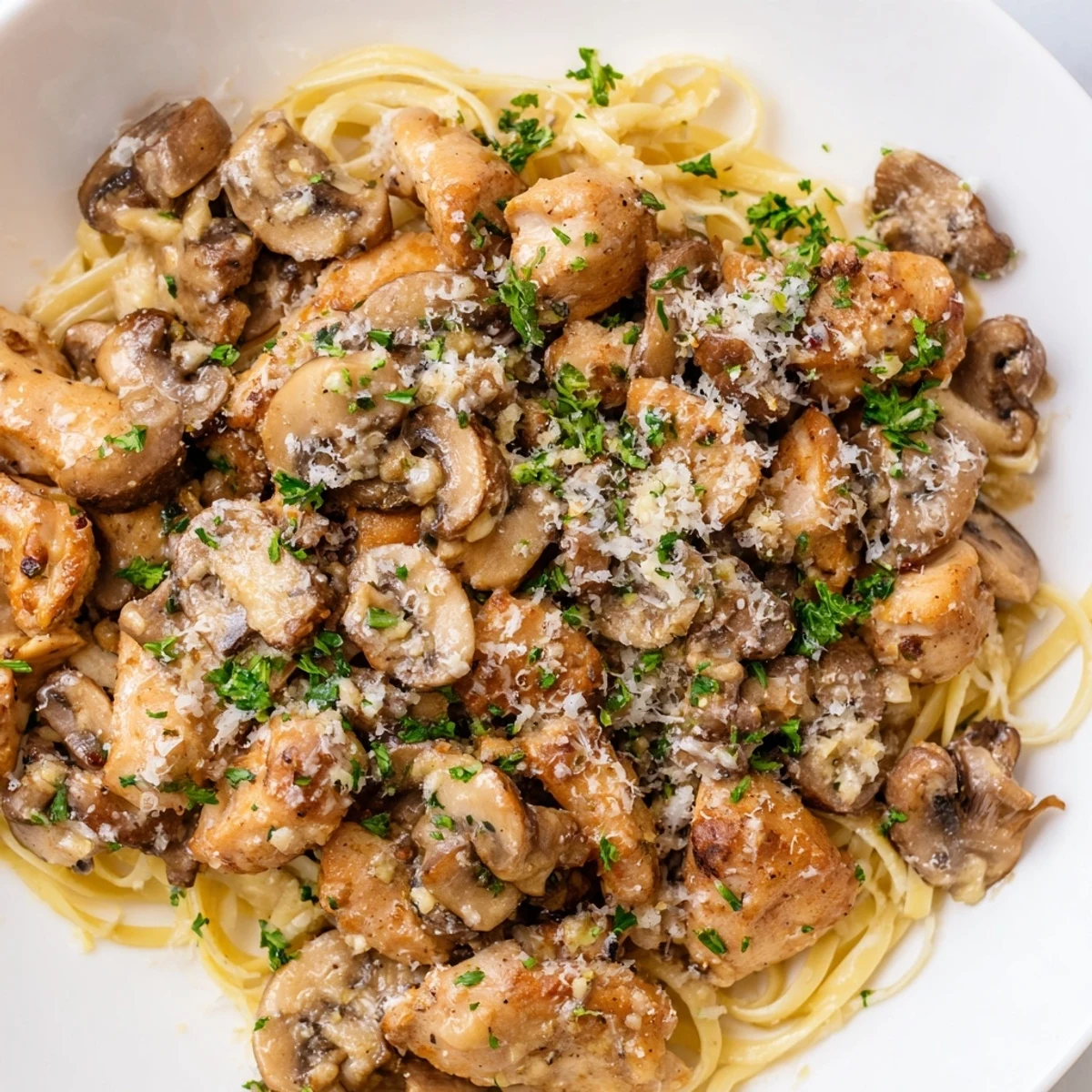 Perfectly plated Creamy Mushroom Chicken Pasta, a delightful Italian-American dish with fresh parsley garnishing.