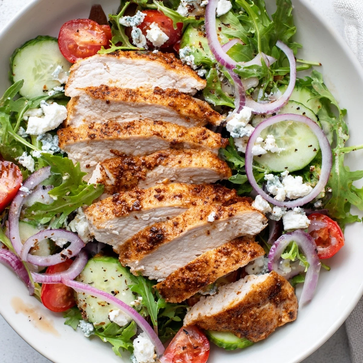 This Quick Pan-Seared Chicken Salad shows tender seared chicken slices on a bed of vibrant salad ingredients.