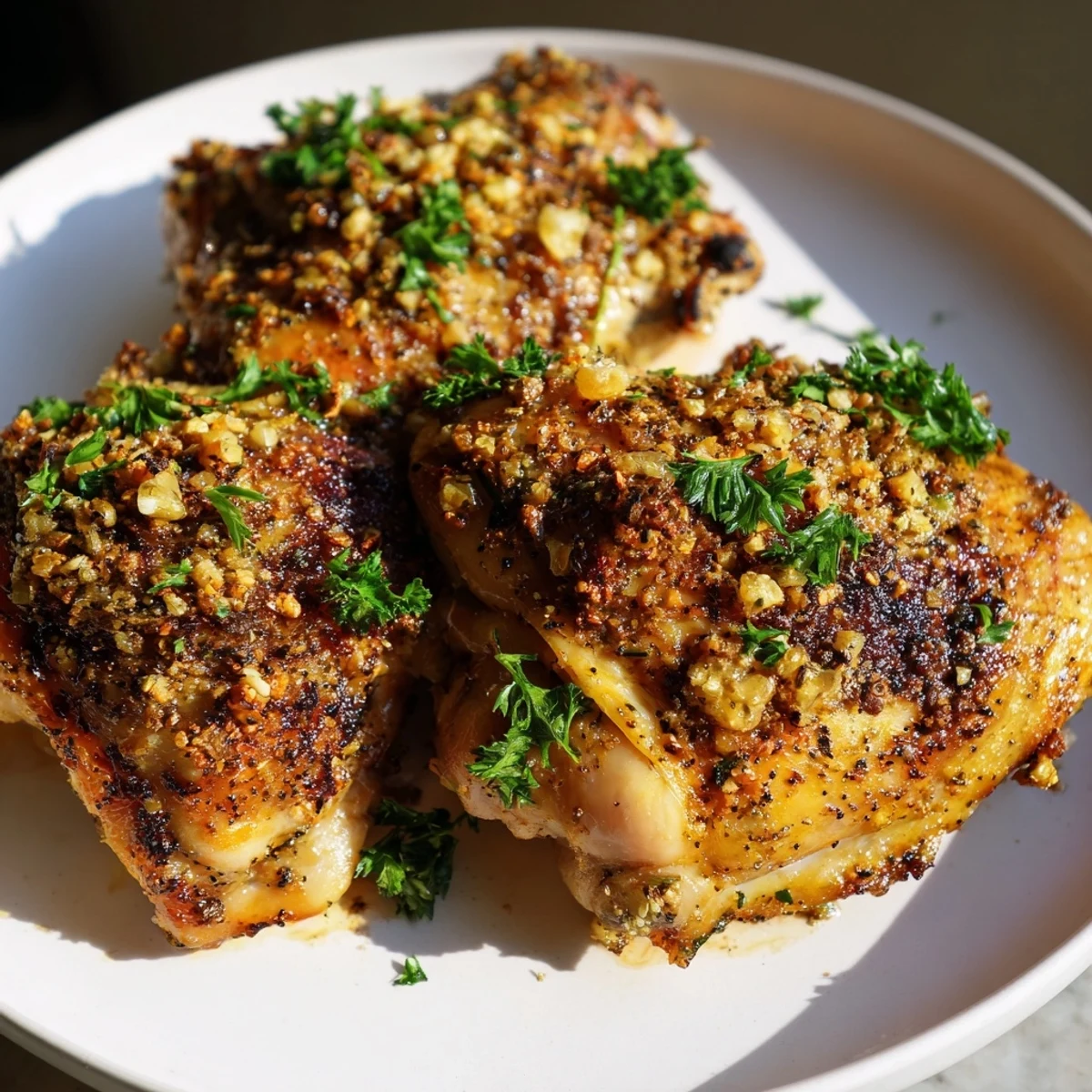 Golden and crispy Crispy Garlic Chicken Thighs with a perfectly seasoned, savory crust.