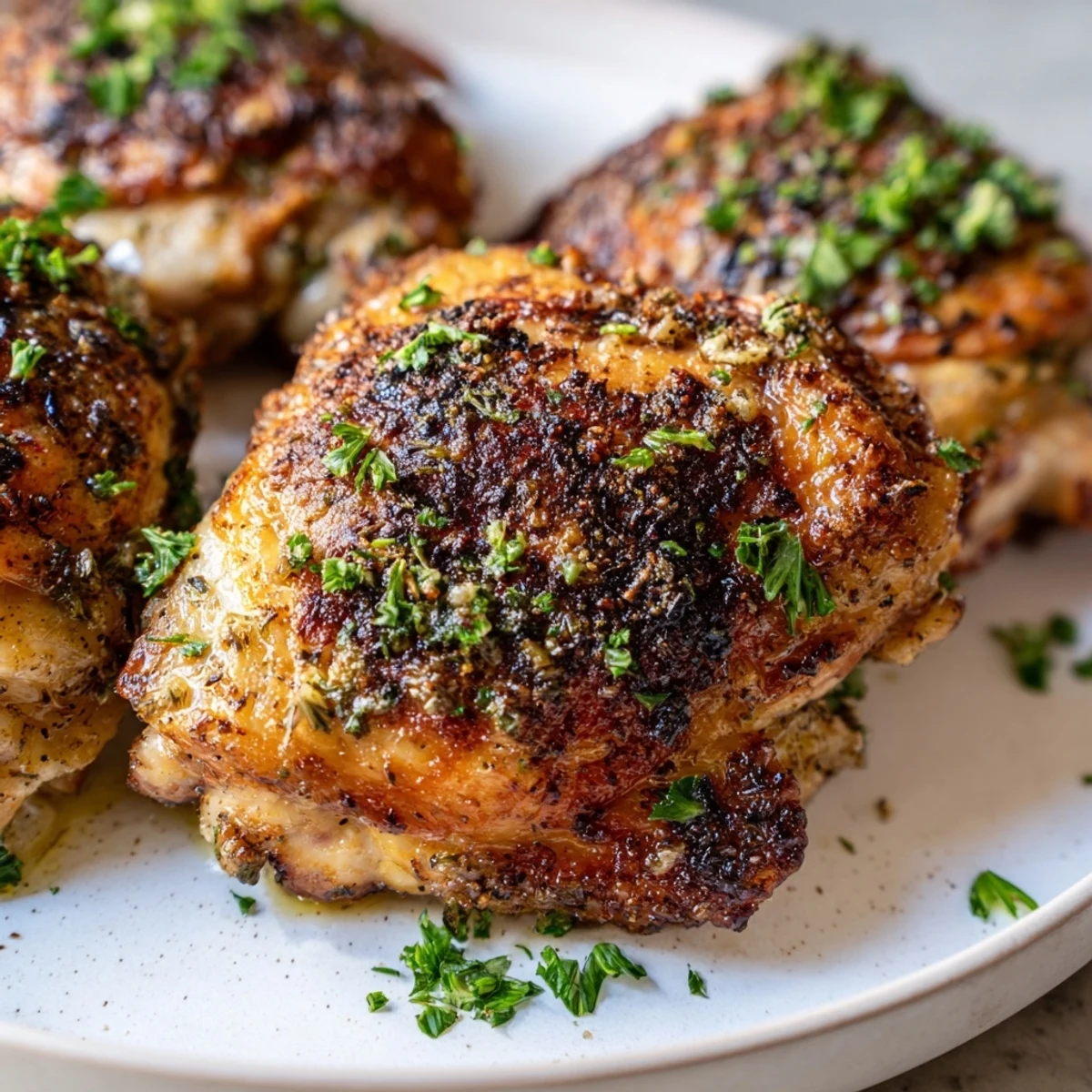 Oven-roasted Crispy Garlic Chicken Thighs, showcasing juicy meat under a crackling, golden-brown skin.