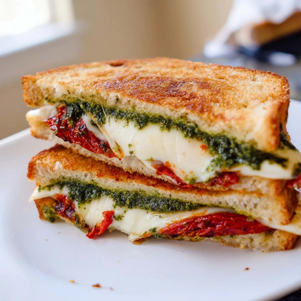 Golden, crispy pesto grilled cheese, oozing mozzarella and sun-dried tomatoes between slices.