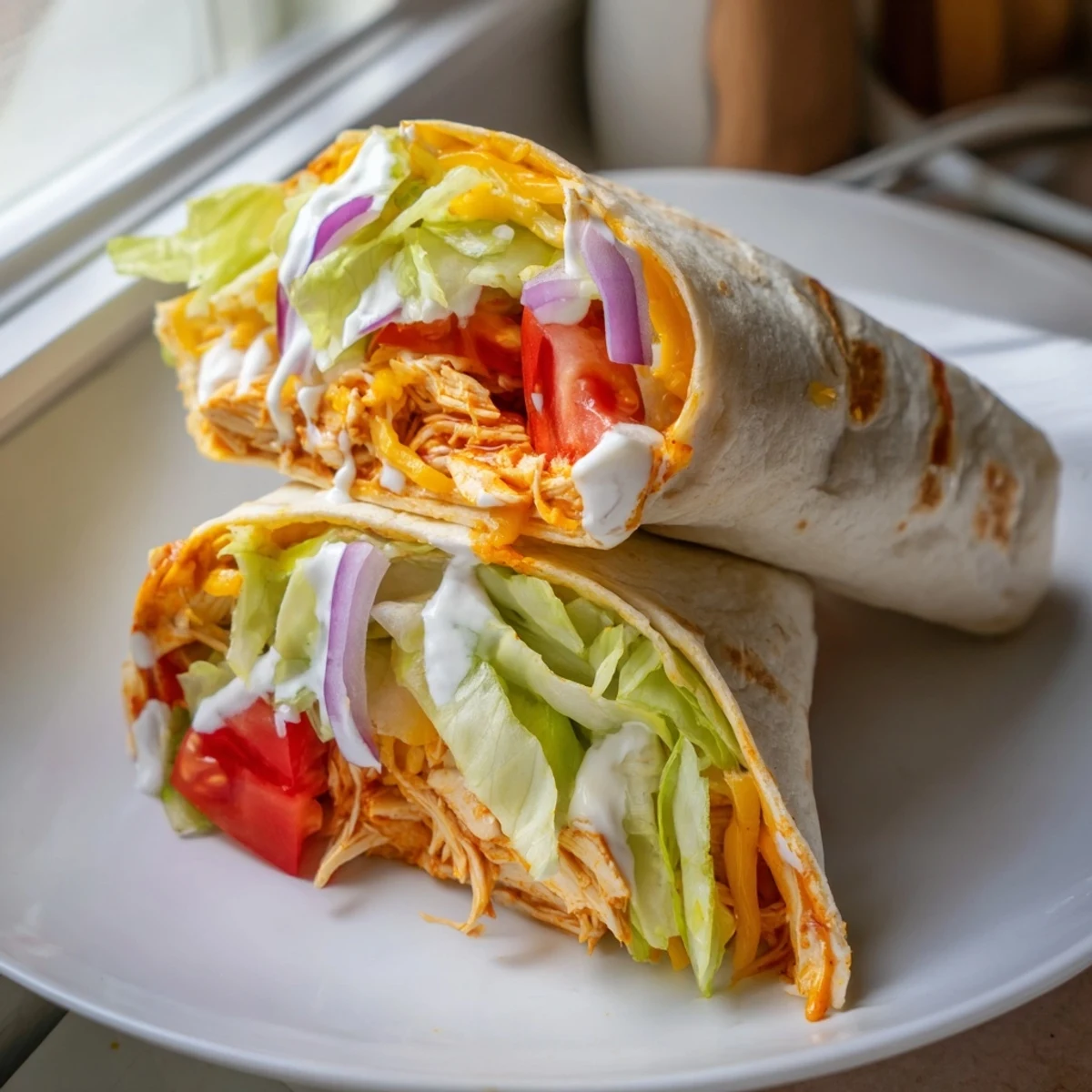 Golden browned Buffalo Chicken Wrap cut open, revealing creamy ranch and spicy chicken filling.