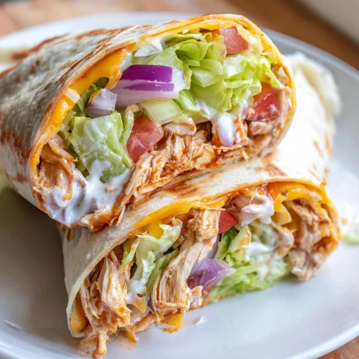 Freshly made Buffalo Chicken Wrap, layered with veggies and cheese, ready for a delicious lunch.