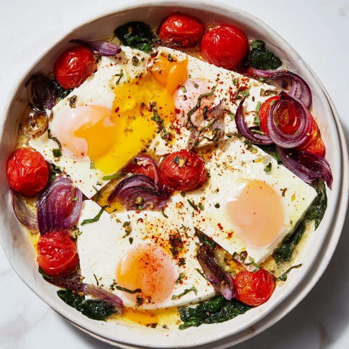 Golden, runny yolks atop a bed of baked feta, tomatoes, and herbs; the baked feta eggs are ready.