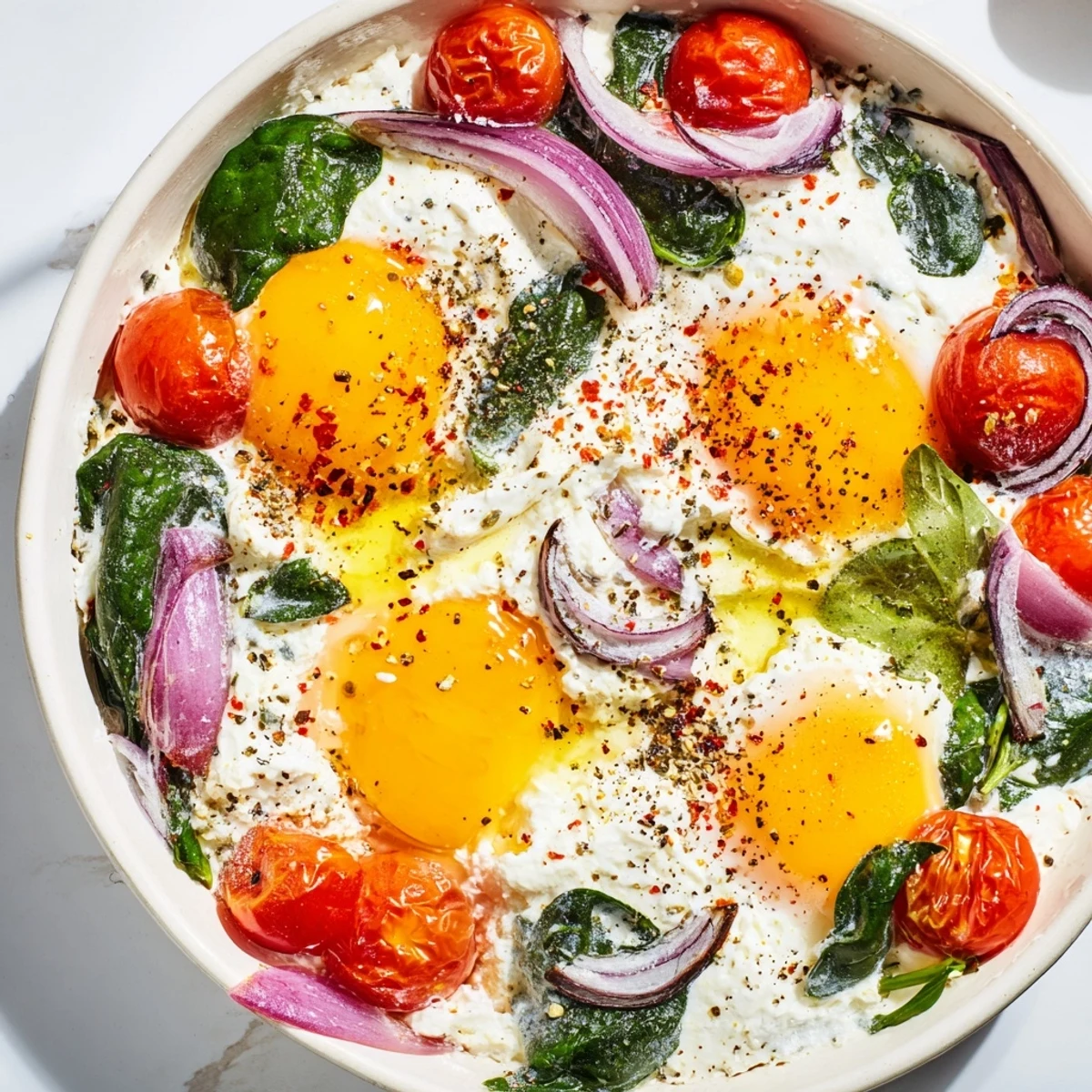 Savory baked feta eggs, a delightful Mediterranean delight featuring soft feta cheese and runny eggs ready to enjoy.