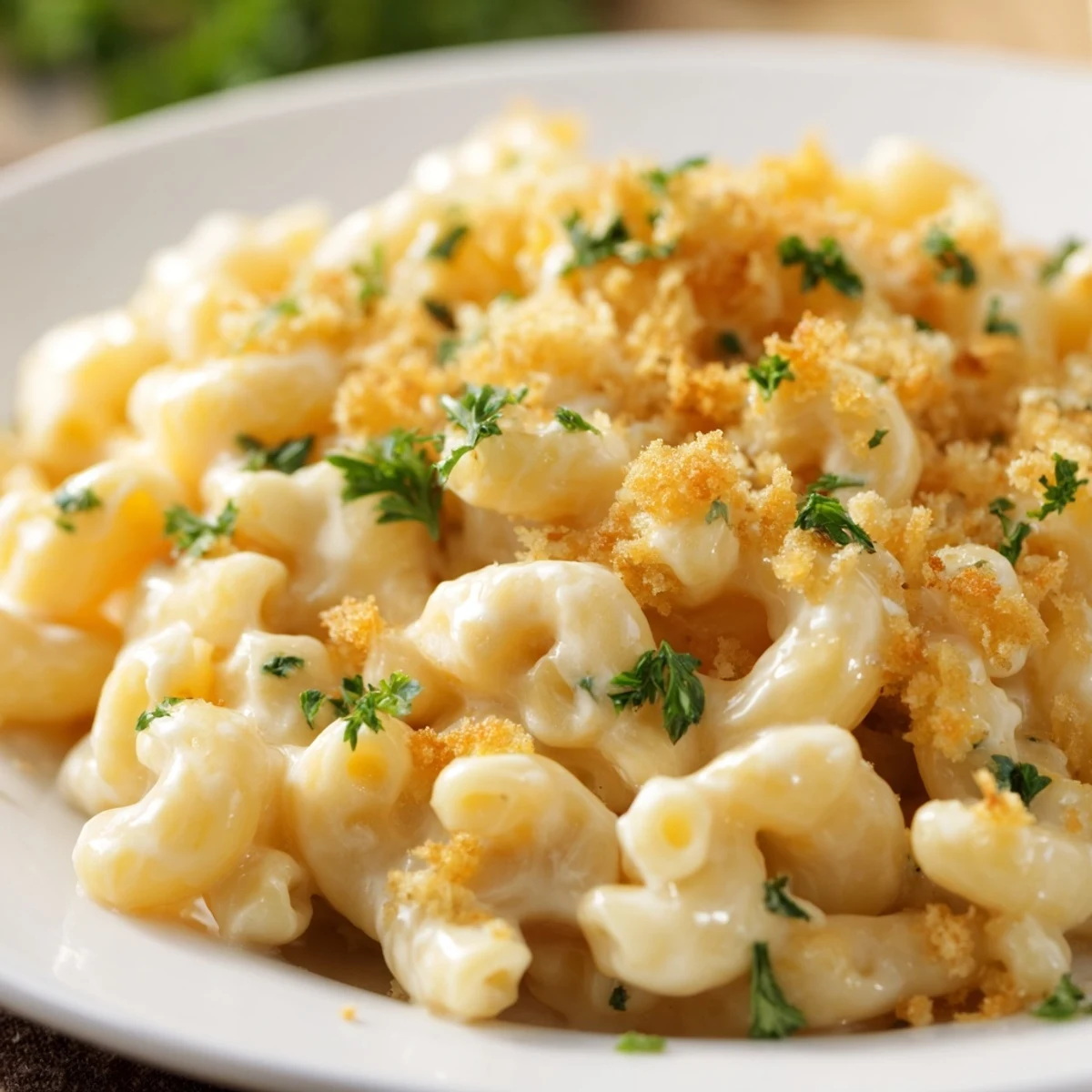 A steaming bowl of high-protein mac & cheese with a creamy cottage cheese sauce, ready to serve.