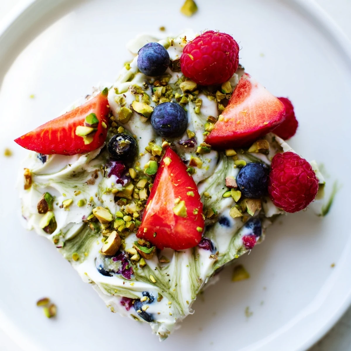 Frozen Yogurt Bark swirled with vibrant berries and pistachio, a refreshing, marbled summer treat.