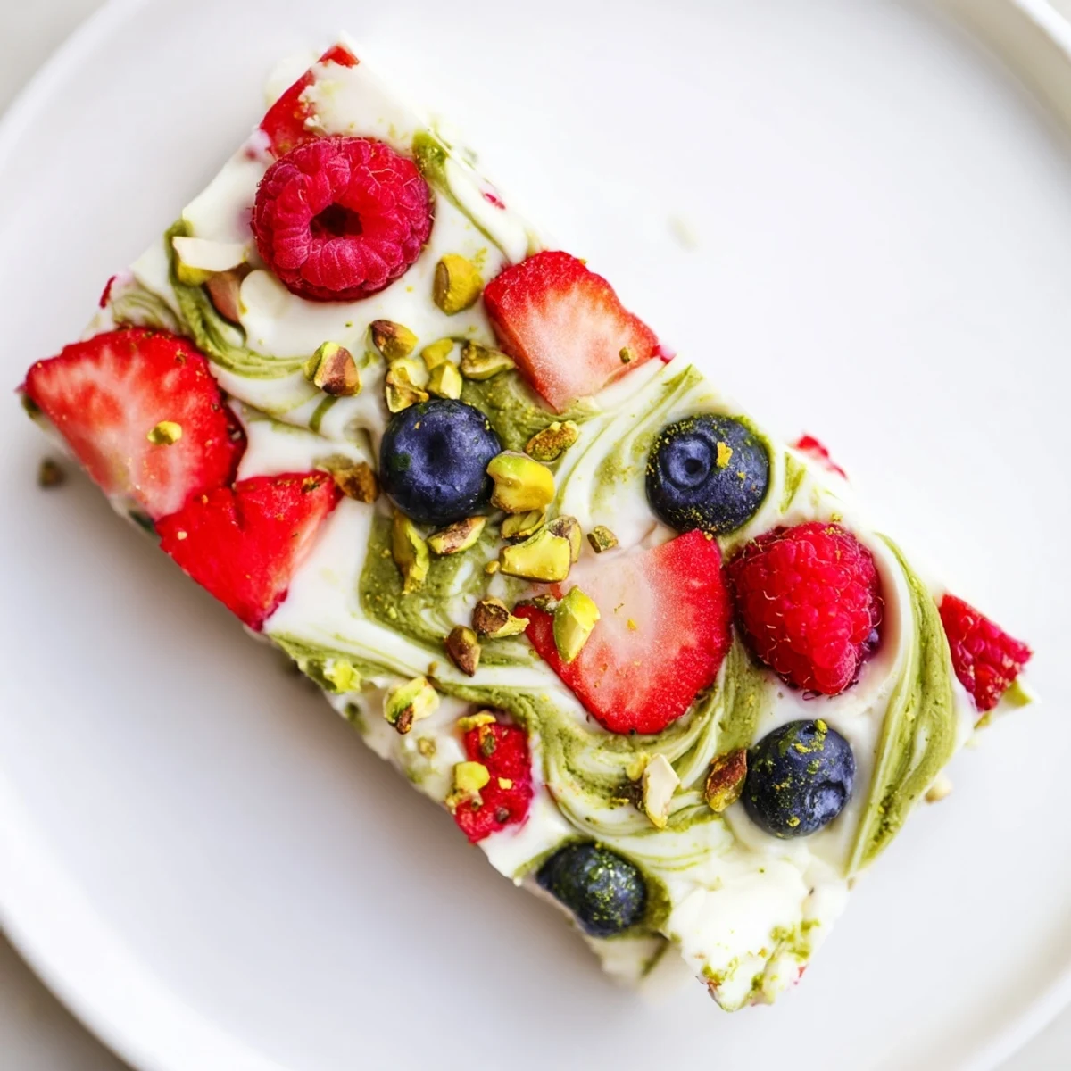 Creamy layers of homemade Frozen Yogurt Bark dotted with fresh berries, ideal for a cool afternoon snack.