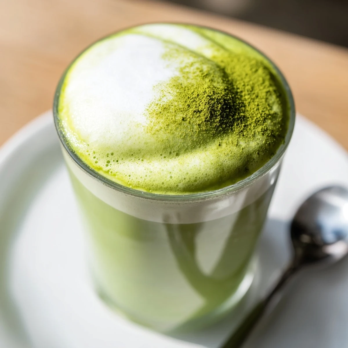 A bright green, creamy matcha latte with a cloud of sweet cold foam gently resting on top.