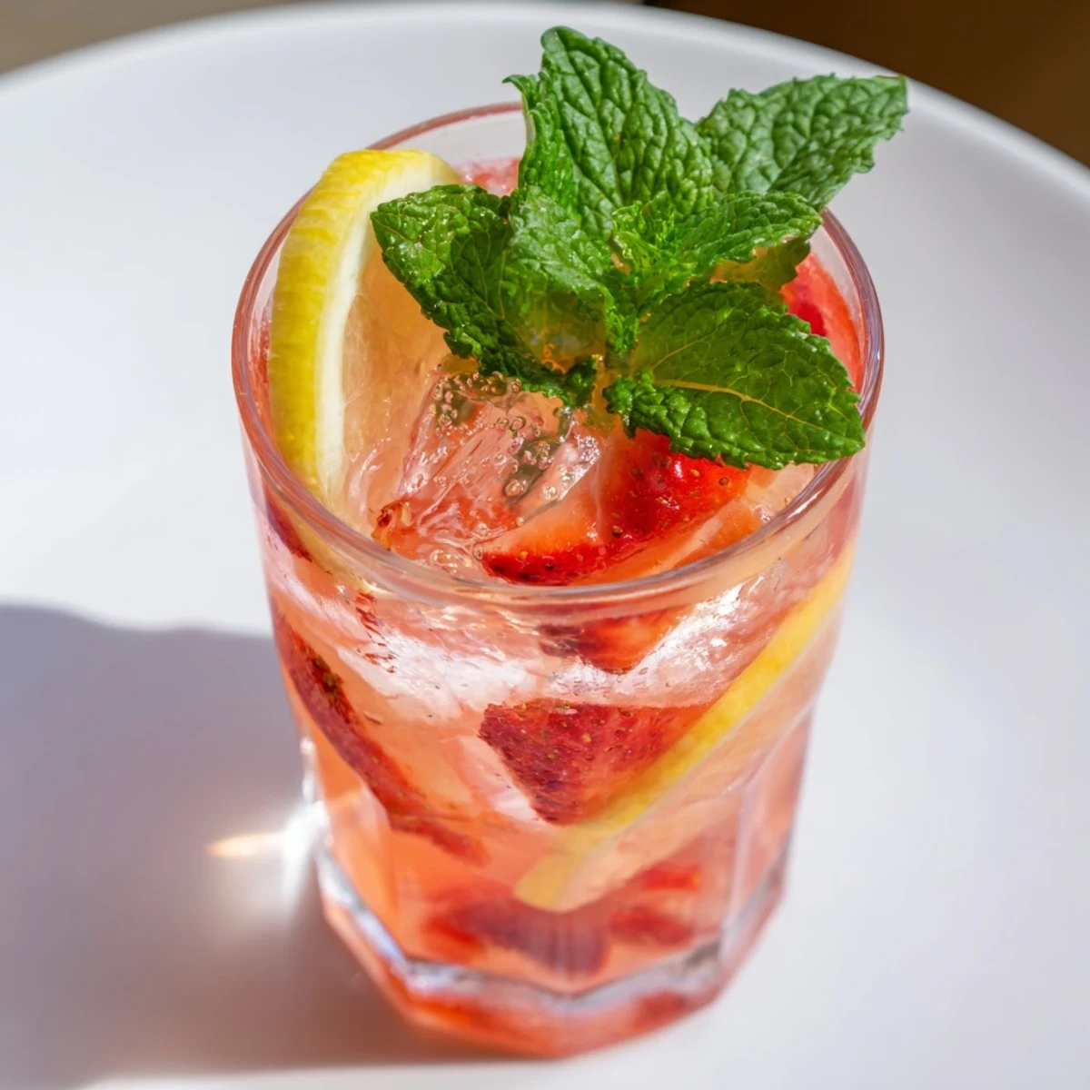 Bright red strawberry DIY fruit refresher drinks, garnished with fresh mint, perfect for a hot day.