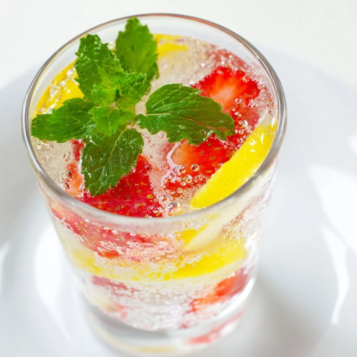 Close-up of a vibrant DIY fruit refresher drink with fresh fruit slices, a delicious summer beverage.