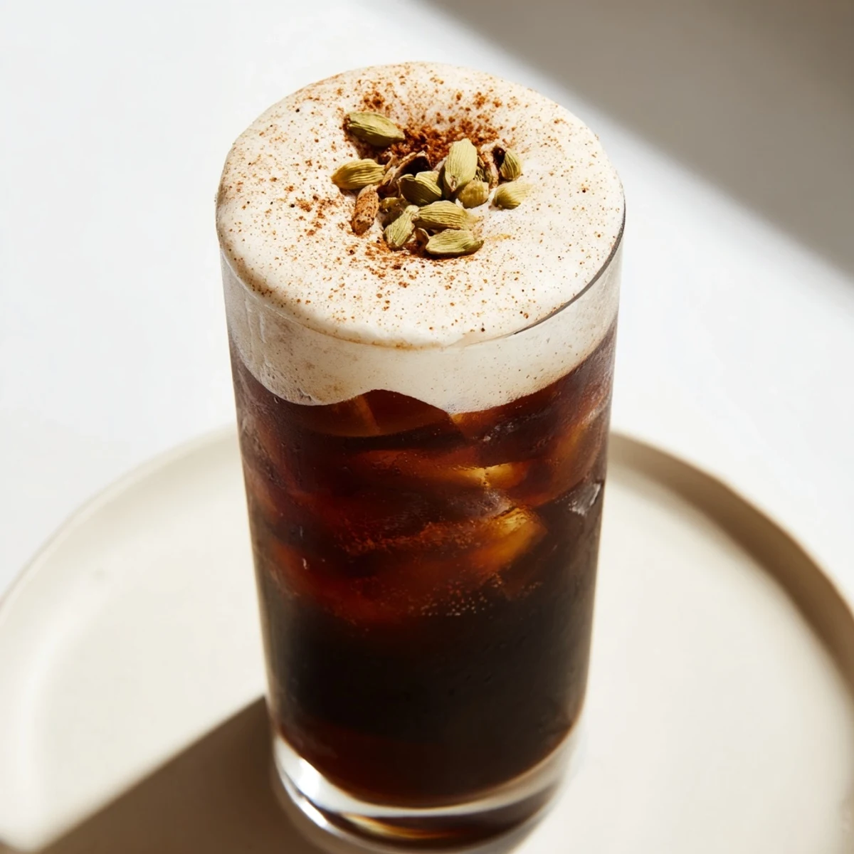 A close-up of a glass of homemade iced chai topped with sweet, fluffy cold foam.