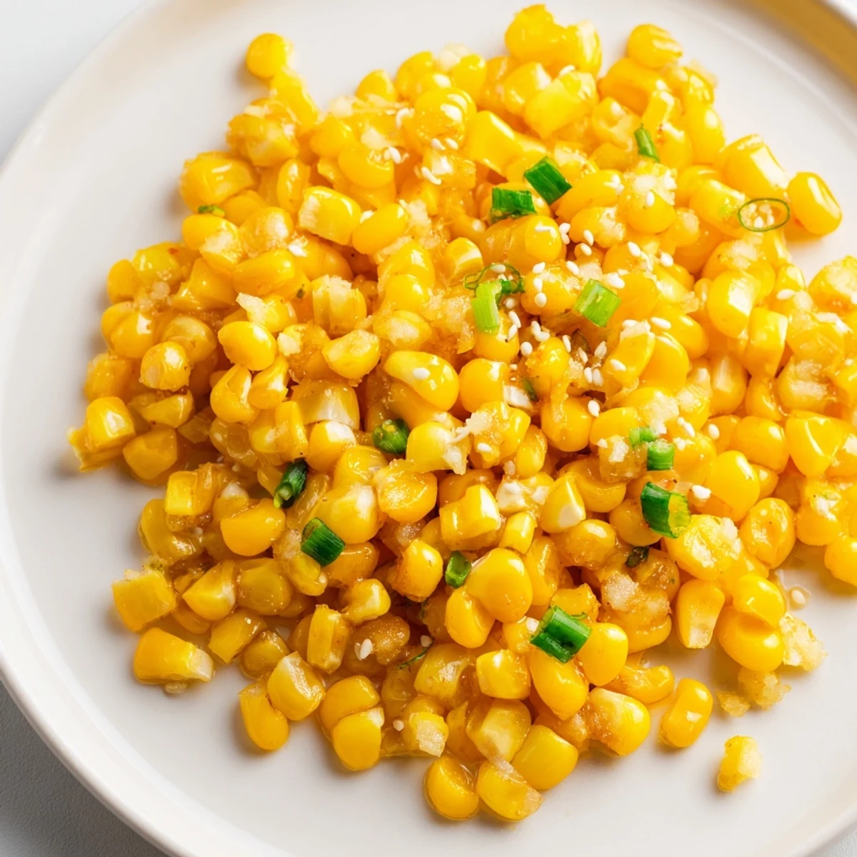 Golden Japanese Butter Corn dish, a simple side with glistening, buttery kernels and scallion garnish.