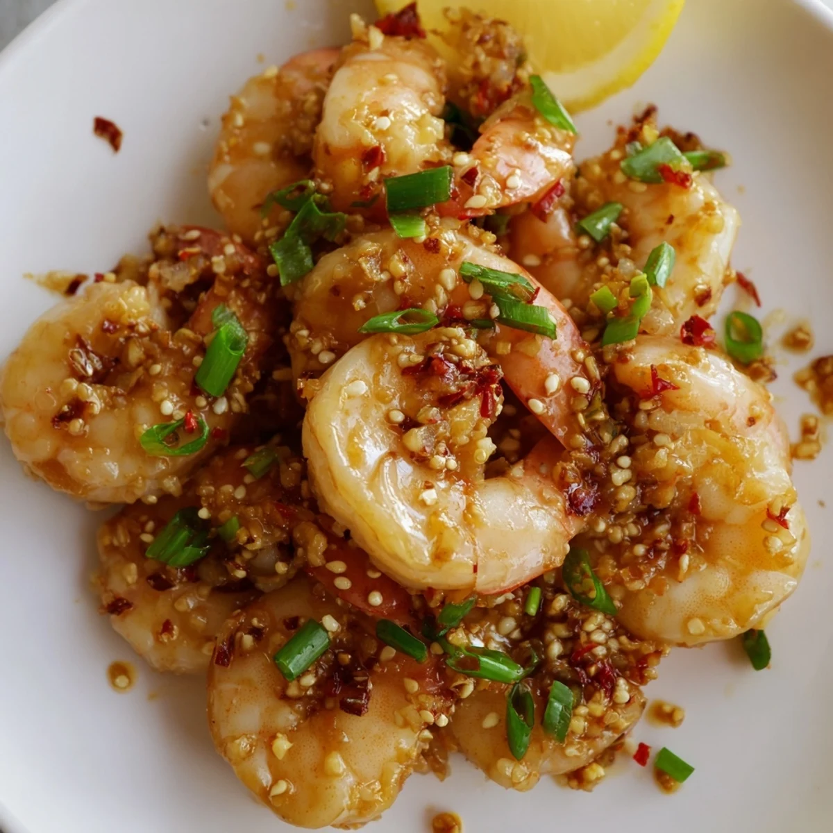 Plump, tender shrimp swimming in a savory, spicy Korean Garlic Butter Shrimp sauce with sesame seeds.