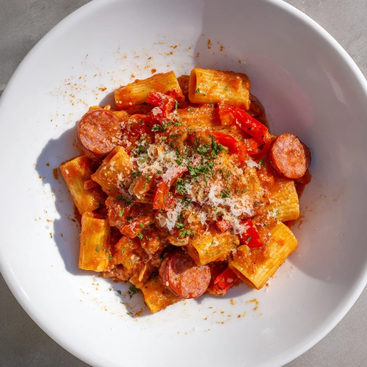 Smoky Spanish chorizo pasta, finished with fresh parsley and cheese, is ready to serve.