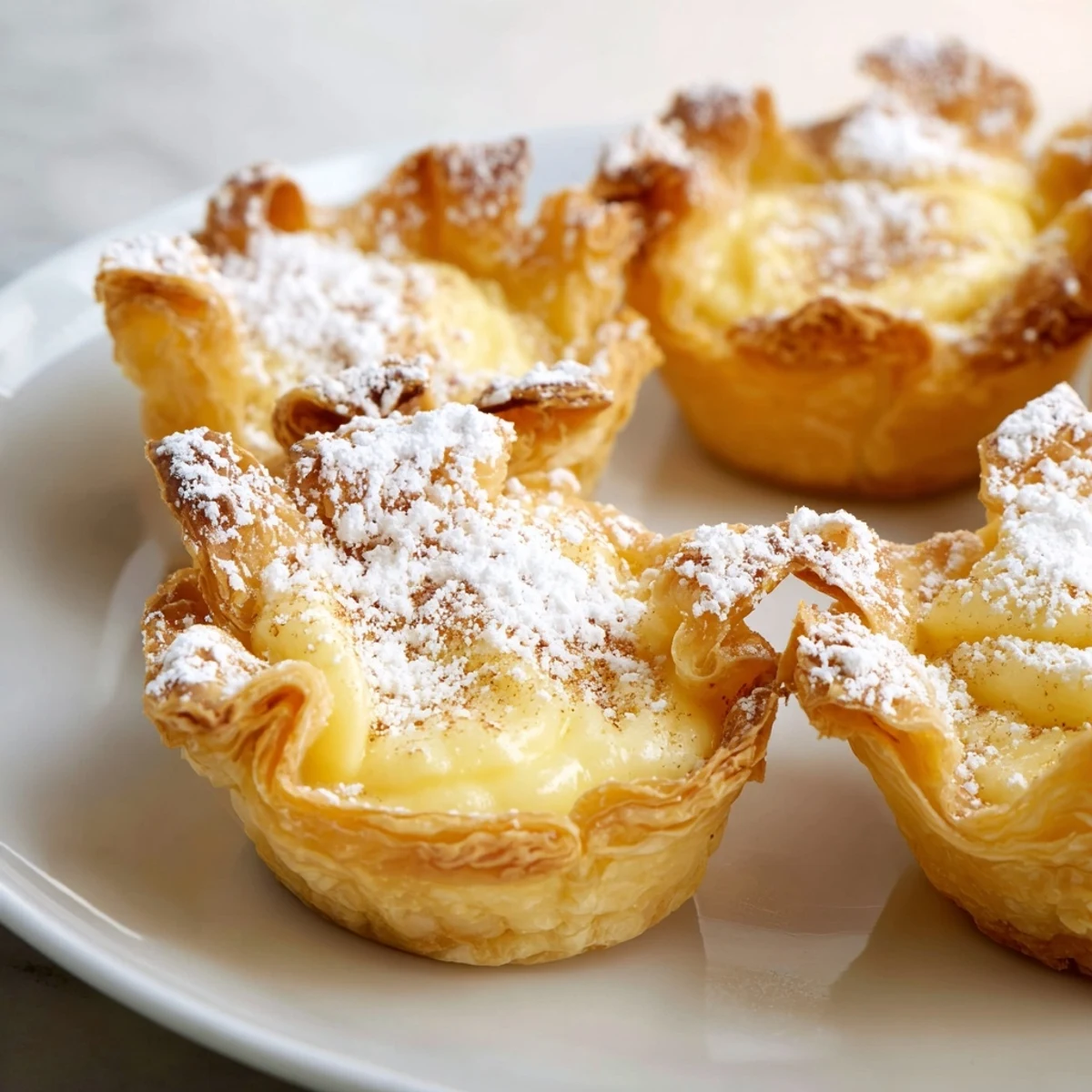 Freshly baked Portuguese egg tarts, a sweet custard treat dusted with powdered sugar, perfect for dessert.
