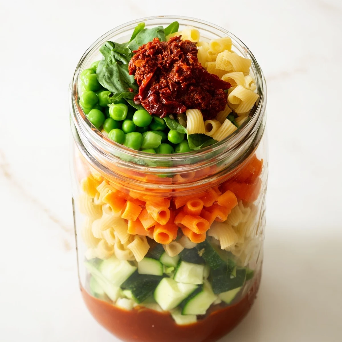 Colorful layers of ingredients fill jars, ready to become delicious Minestrone Soup for a quick meal.