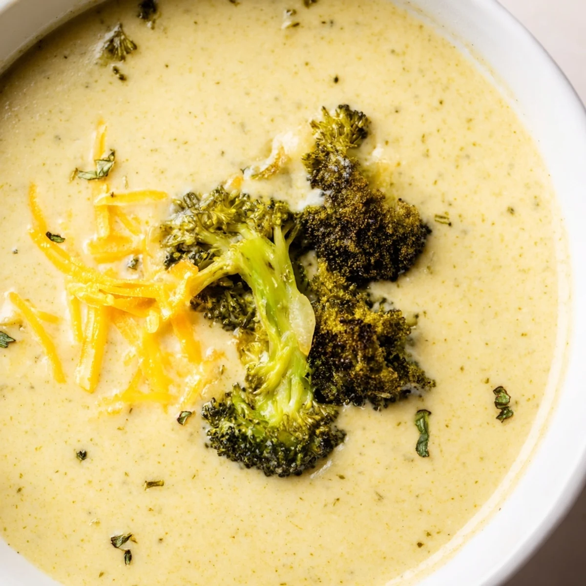 A bowl of hot, flavorful Broccoli Cheddar Soup; the cheese is beautifully melted in it.