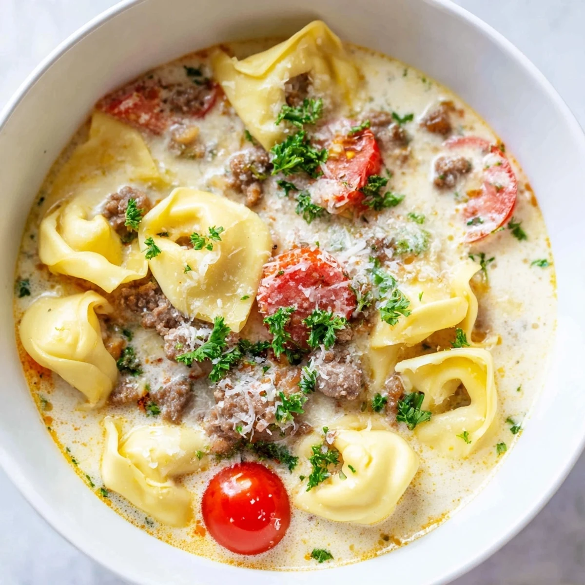 Close-up of a rich Tortellini Beef Soup, showcasing plump tortellini and beef in a flavorful tomato broth.