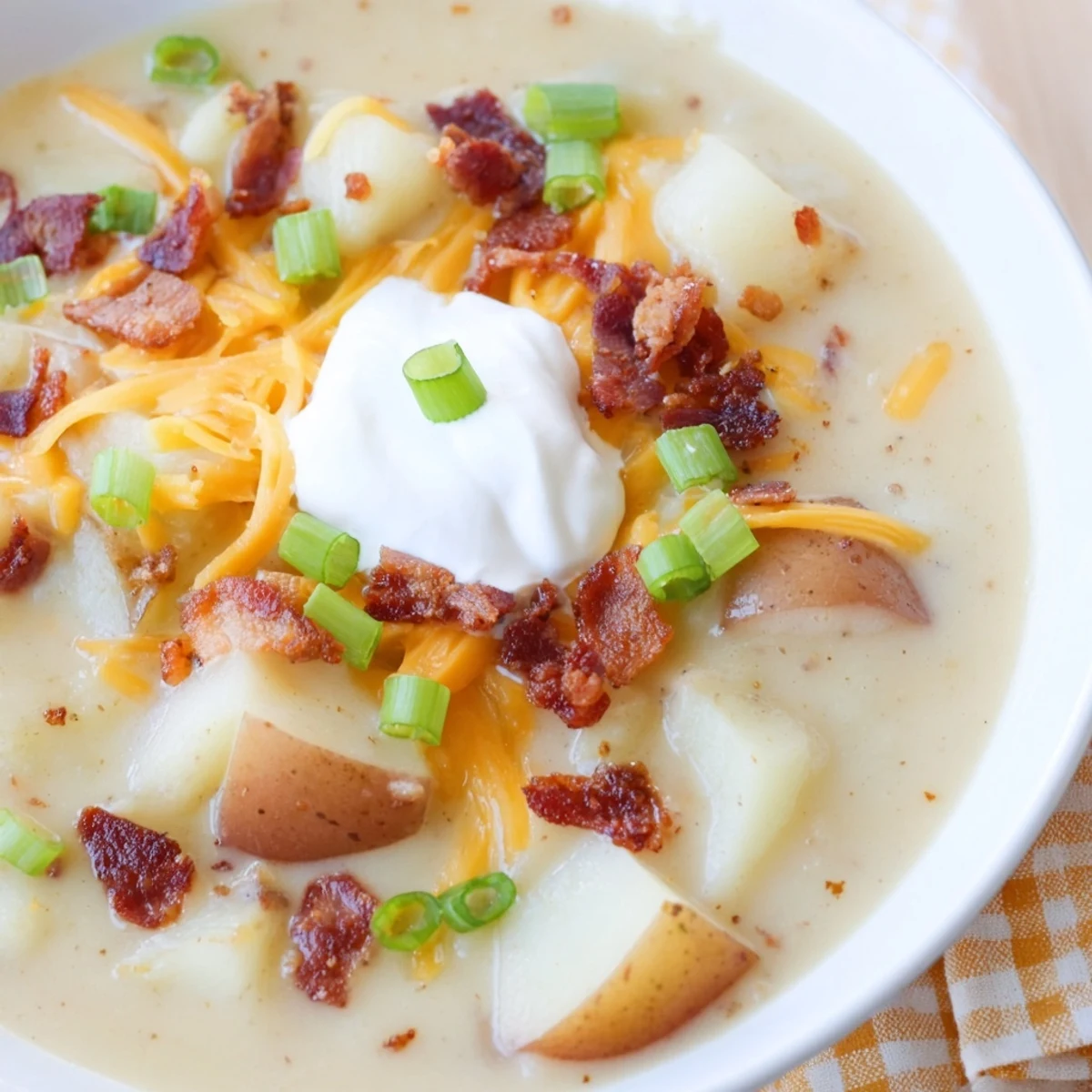 Creamy Loaded Baked Potato Soup with crispy bacon and melted cheddar, ready to serve and enjoy.