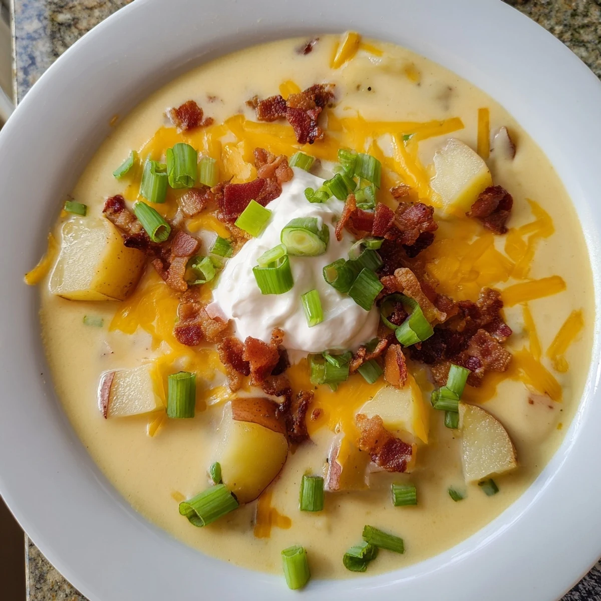 Warm bowl of hearty Loaded Baked Potato Soup, garnished with green onions and extra cheese, so savory.