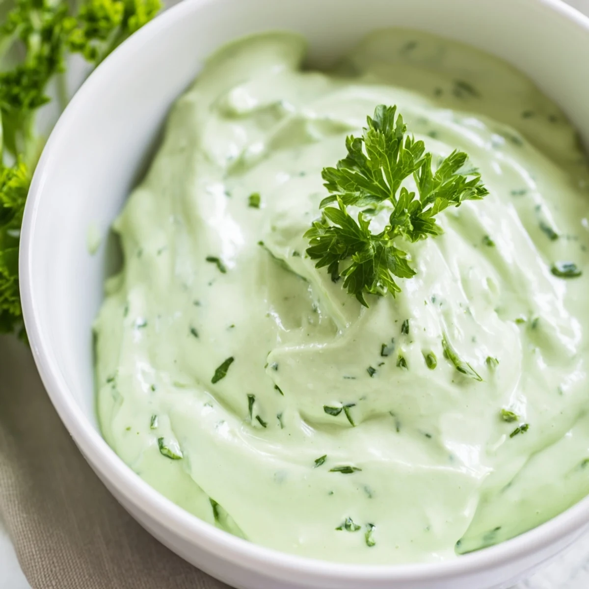 Creamy Green Goddess Salad Dip, a blend of fresh herbs, ready for dipping crisp tortilla chips.