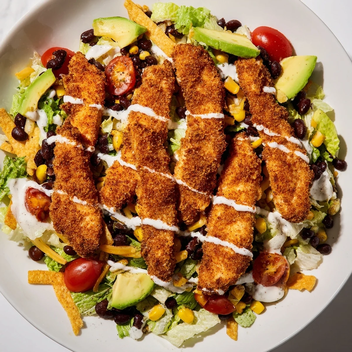 Golden crispy chicken and crunchy tortilla strips top a vibrant Crispy Chicken Taco Salad with black beans and corn.