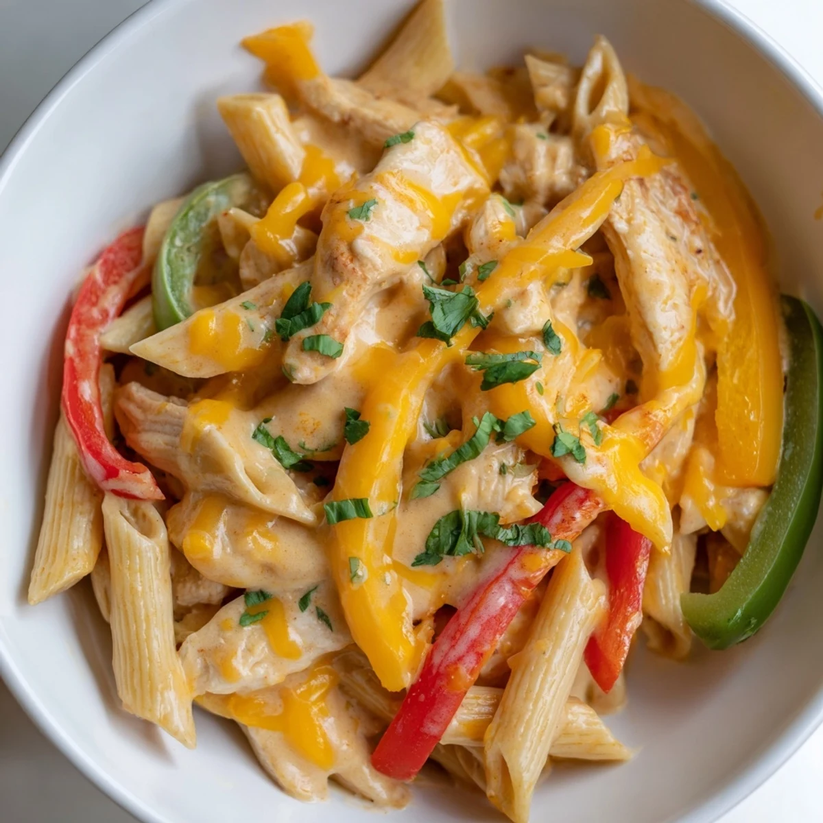 Golden-brown chicken strips, colorful bell peppers, and onions sizzling in a skillet with penne pasta, ready for fajita seasoning.