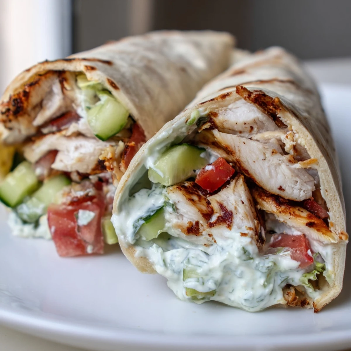 Grilled chicken wrapped in soft pita with creamy tzatziki, crisp cucumbers, and ripe tomatoes for a fresh Greek meal.  