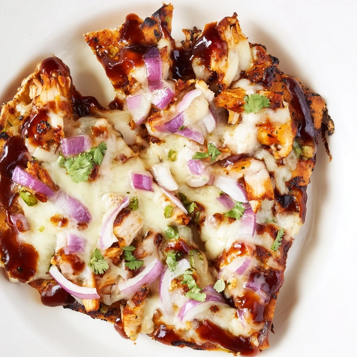 Golden-brown BBQ Chicken Flatbread fresh from the oven, topped with melted mozzarella, grilled chicken pieces, and thinly sliced red onions on a rustic wooden board.