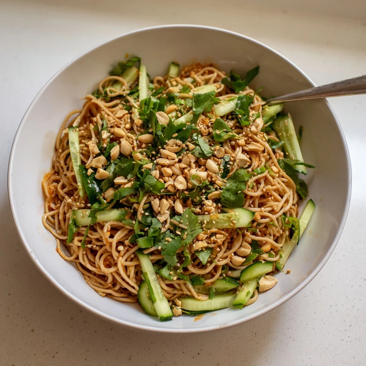 Chilled wheat noodles tossed in a spicy sesame-soy dressing with crisp cucumbers and fresh cilantro in a bright white bowl.  