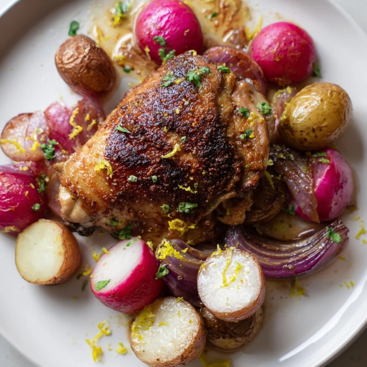 Golden roasted radish and chicken thighs on a sheet pan, surrounded by caramelized potatoes and red onion wedges.