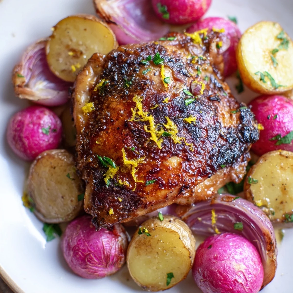 Roasted Radish & Chicken Sheet Pan dinner with tender potatoes and lemony pan juices, ready to serve for four.
