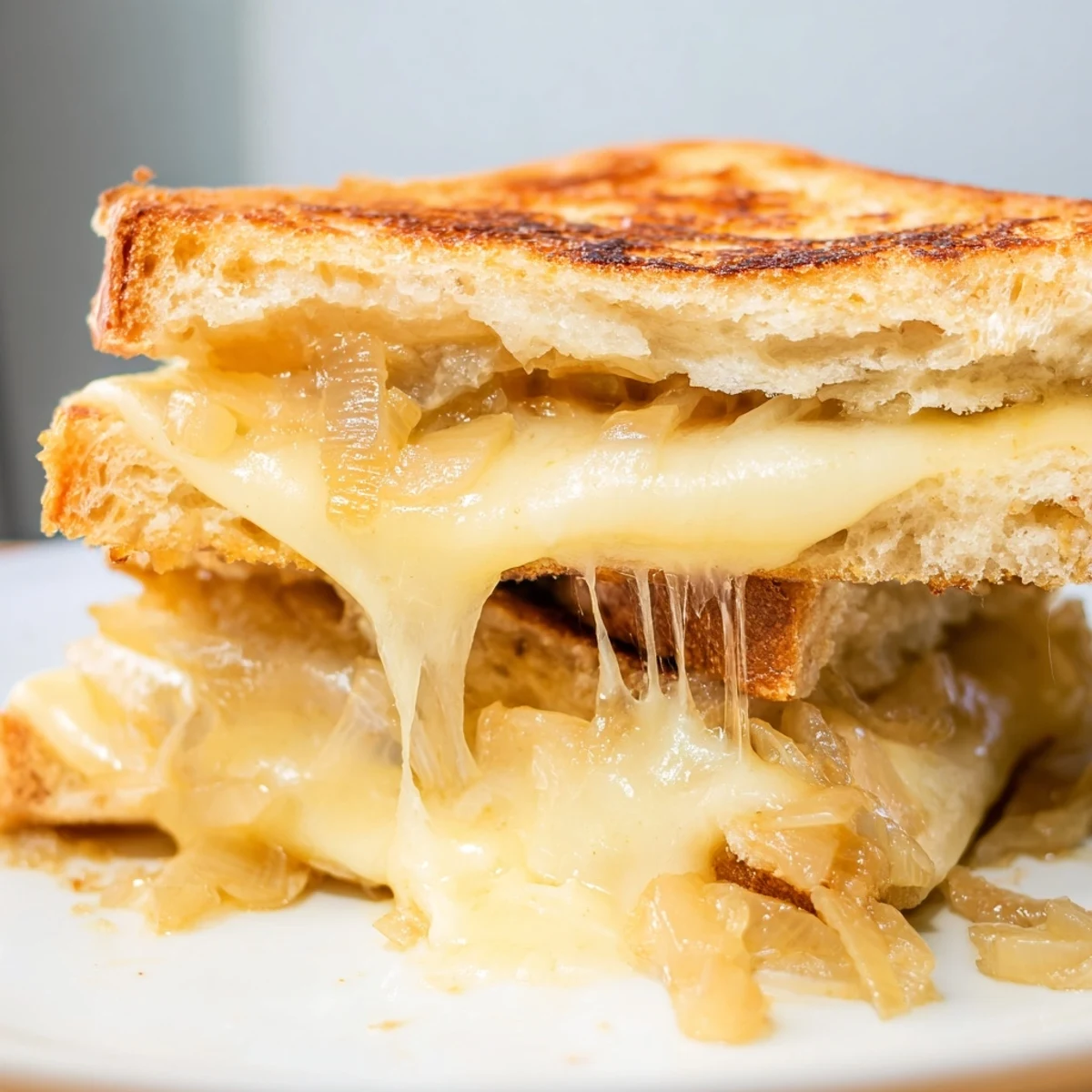 A close-up of a golden, crispy Caramelized Onion & Gruyère Grilled Cheese sandwich oozing with melted cheese and sweet onions.